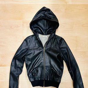 MIKE AND CHRIS brand leather hoodie bomber jacket.